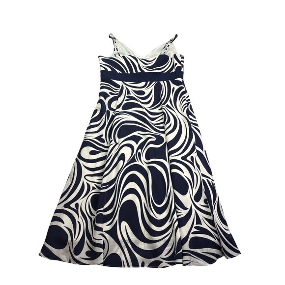 Ann Taylor Silk Midi Dress Fit Flare 4 Navy Blue White Swirl Pattern Sleeveless - Picture 5 of 11